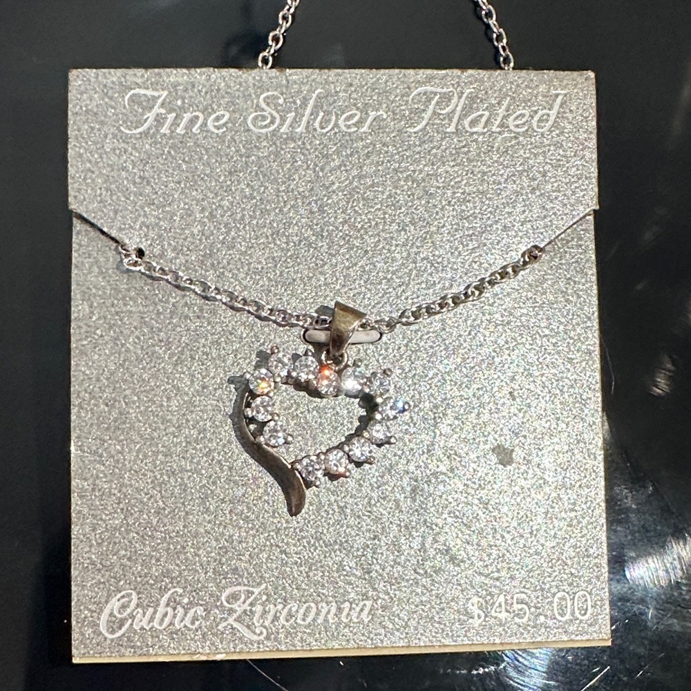 Fine Silver Plated Cubic Zirconia Heart Necklace